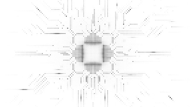 Abstract black square halftone circular frame pattern on white background with geometric radial effect