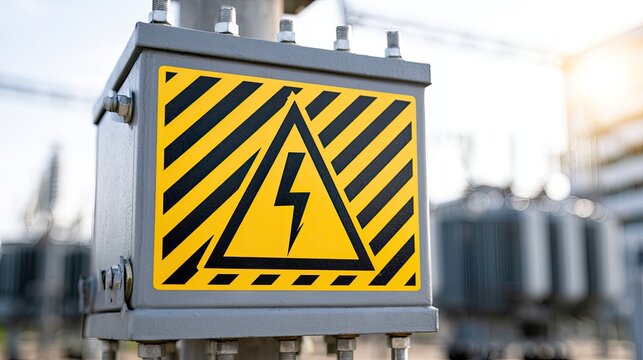 Electrical hazard warning sign on grey metal box, industrial background