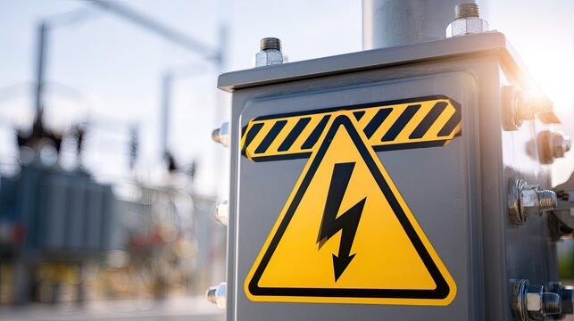 Close-up of electrical hazard warning sign on power station equipment