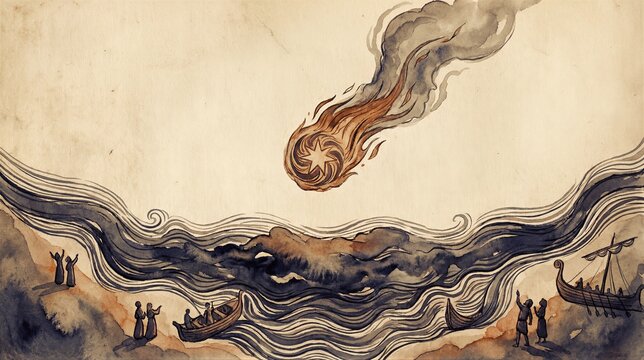 Burning star falling from sky onto sea. Depiction of biblical revelation prophecy showing wormwood impact. People in boat witnessing apocalyptic event and divine judgement from heaven.