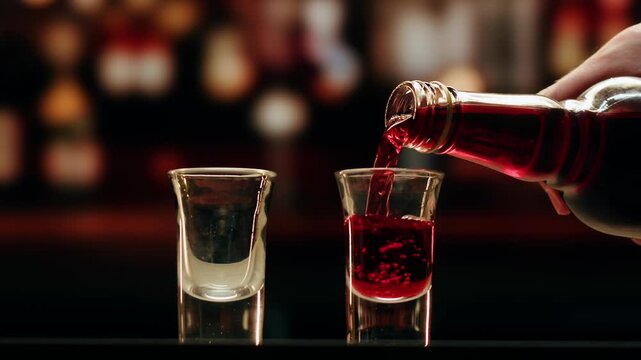 Pouring shot of red bitter, Cognac, whisky, Campari, Aperol, Cherry Vermouth Negroni, spanish wine drink, Alcoholic Americano Cocktail bitter, sweet vermouth and soda water, close up of making drink