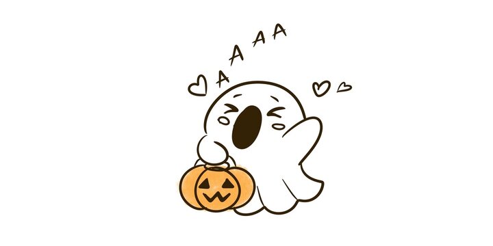 Cute little ghost shouting with Halloween pumpkin and hearts doodle style