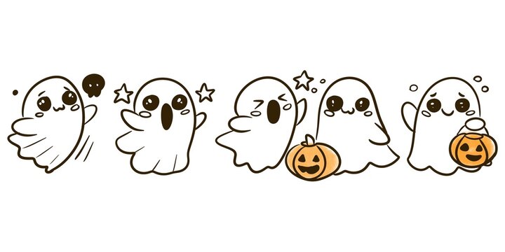 Set of cute little kawaii ghosts with Halloween pumpkins and expressions doodle 