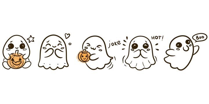 Cute Halloween ghost sticker pack with funny expressions and pumpkins doodle style
