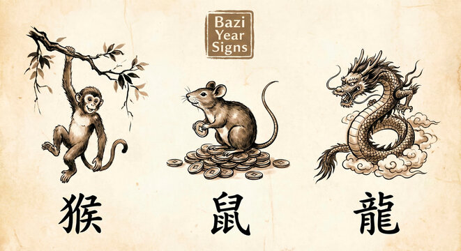 Vintage Bazi Year Signs illustration featuring a monkey rat and dragon symbolizing Chinese zodiac astrology on a parchment background [copy space]