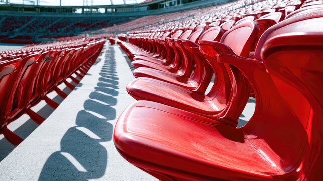 Rows of empty red stadium seats create a geometric pattern under bright sunlight