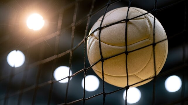 Sports ball suspended in a net with blurred bright lights in background