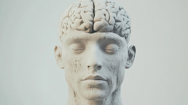 Marble Sculpture of a Human Head with Exposed Brain Detail