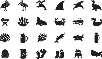 Fototapeta premium Marine life and coastal wildlife solid icon set with pelican, shark fin, seal, crab, coral reef, sea monster, boots, and thermos