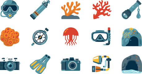 Scuba diving and underwater snorkeling vector icon set with diving mask, oxygen tank, coral reef, compass, jellyfish, flippers, and underwater camera © Balal