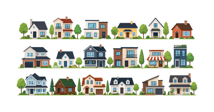 Small cartoon town houses cottages neighborhood living buildings block layout setup, house, home, cottage, cabin, building, facade