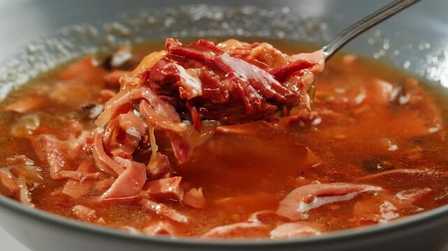 Slavic meat soup, Solyanka sausages soup with sour cream white bowl food, close up of winter soup with ham