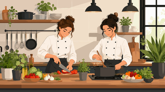 Two active young women chefs cooking food together restaurant kitchen workspace table, chef, cook, woman, team, assistant, kitchen