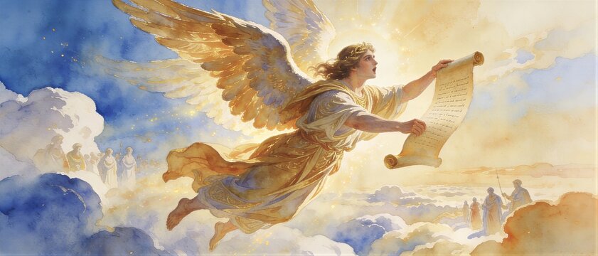 Angel flying in sky holding holy scroll with ancient prophecy. Biblical messenger revealing divine apocalypse and seventh seal. Banner with copy space