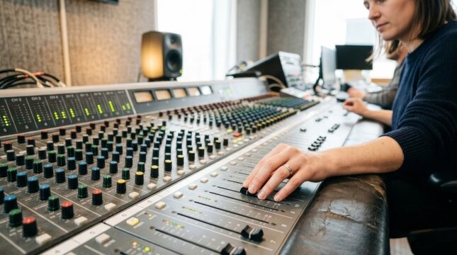 Sound engineer's hand adjusting fader on a professional audio mixing console in a modern studio, close-up on hands and equipment with acoustic paneling