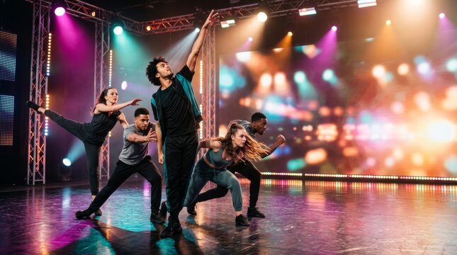 Diverse dance crew striking a dynamic freeze pose on a brightly lit stage with colorful spotlights