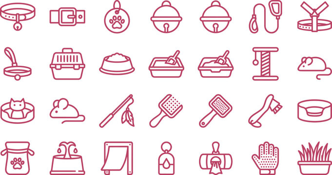 Cat care icons set. Vector collection of feline accessories and pet supplies line art.