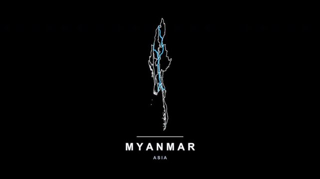 Myanmar Country Line Map Self Drawing Animated Overlay, Alpha 4K