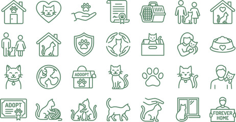Cat adoption and pet care icons. Vector set of feline rescue, shelter and animal welfare symbols. © Septarim