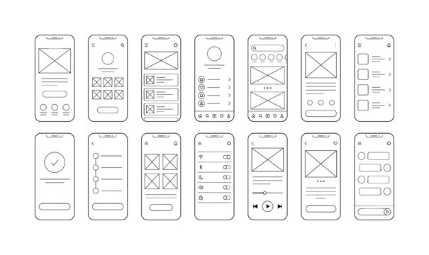 Smartphone screen interactive layouts menus interfaces grids outline wireframes layout row option template matrix, smartphone,
