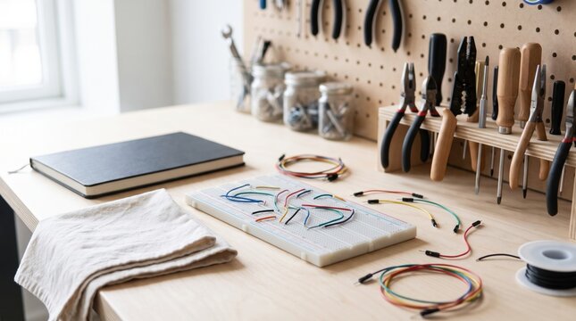 Electronics prototyping workspace featuring a breadboard with colorful jumper wires and various hand tools on a wooden desk