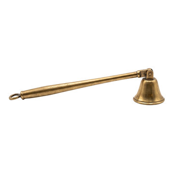 Vintage brass candle snuffer with long handle and bell shape for extinguishing flames isolated on transparent background antique metal tool for home decor and safety usage.