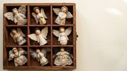 Fototapeta premium Collection of nine handmade angel Christmas ornaments displayed in a wooden box, overhead view, ready for seasonal decor marketing
