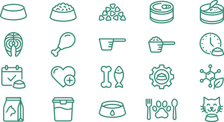 Cat food and pet care icons. Vector set of feline nutrition, feeding supplies and diet. © Septarim