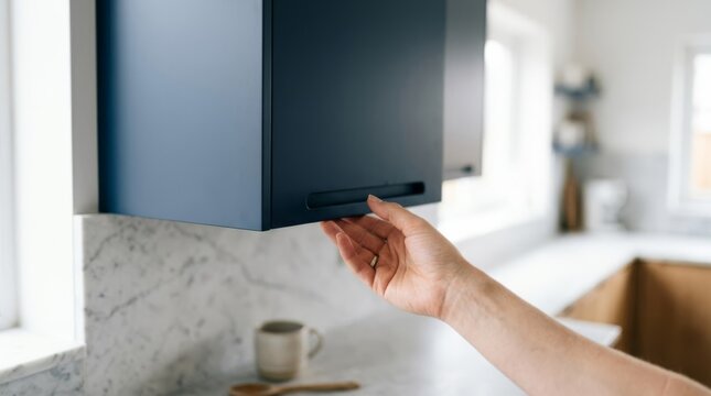 Hand opening modern navy blue kitchen cabinet with recessed pull and marble backsplash, close-up lifestyle detail