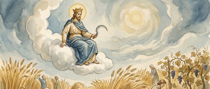 Jesus Christ sitting on cloud holding sickle in field of wheat and grape. Biblical apocalypse scene representing harvest of earth. Banner with copy space