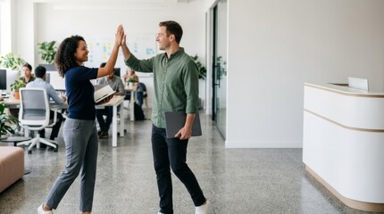 Fototapeta premium Business colleagues high-fiving in a modern office, celebrating success after a successful pitch in a coworking space