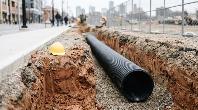Corrugated HDPE sewer pipe in trench during urban utility construction, eye-level view with clay texture and sidewalk