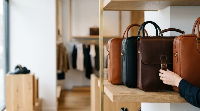 Hands examining luxury leather briefcases on a modern boutique shelf, showcasing premium craftsmanship and retail display.