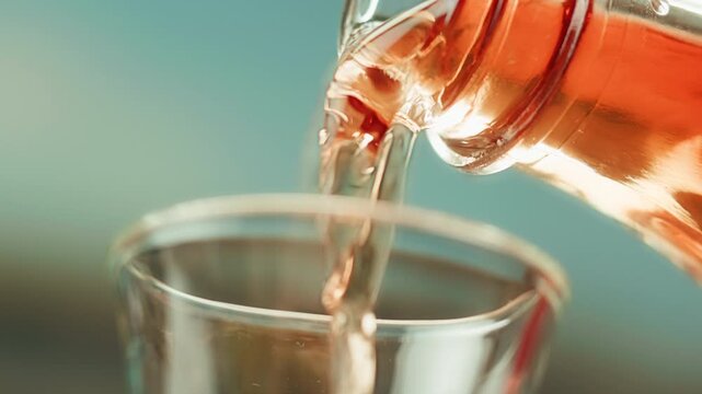 Pouring shot of red bitter, Cognac, whisky, Campari, Aperol, Cherry Vermouth Negroni, spanish wine drink, Alcoholic Americano Cocktail bitter, sweet vermouth and soda water, close up of making drink