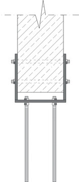 Technical CAD detail of a structural column base connection showing a U-channel bracket, anchor bolts, and vertical rods extending downwards.