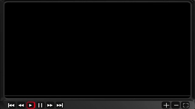 Dark media player control overlay playback buttons, black content area, and modern interface frame. tutorial , web demos, streaming previews, presentation screens, editable video graphics.