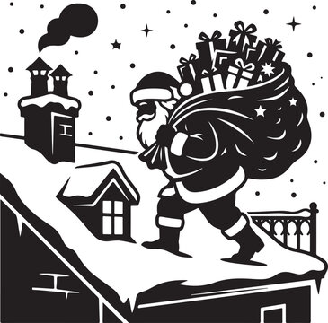 Santa Claus with Sack of Gifts on Snowy Roof Vector Illustration