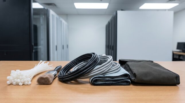 Cable management tools on a desk in a server room including zip ties a brush coiled ethernet cables and a tool pouch