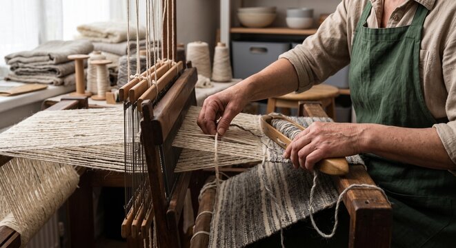 Textile Artisan Hands Threading Loom With Natural Yarn In Workshop