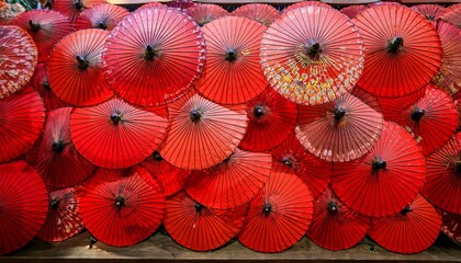 Obraz premium red paper parasols on display arashiyama kyoto japan