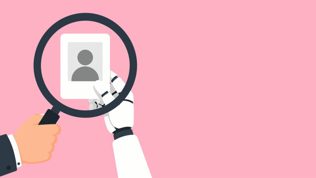 Robot hand holding magnifying glass over profile picture, representing artificial intelligence and candidate selection in recruitment