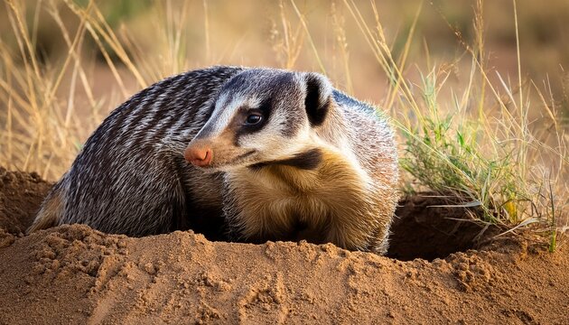 ratel aka honey badger in burrow serengeti national park tanzania africa