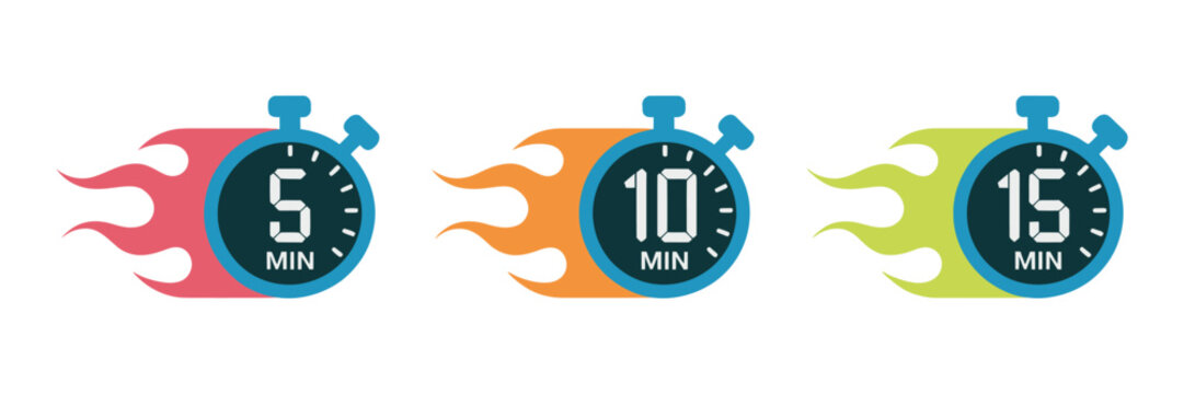 Timer and stopwatch icon set with 5 10 15 minute countdown clocks for time tracking productivity and scheduling