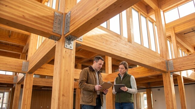 Engineers inspect exposed timber joints in a civic atrium