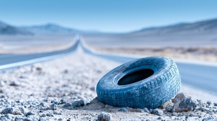 Obraz premium Spare Tire on Sandy Roadside with Endless Highway in Background