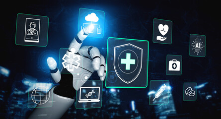 Obraz premium Futuristic Robot Hand Interacting with Health Technology Icons in a Digital Environment Representing Medical Innovation and Healthcare Solutions. Glyphic.