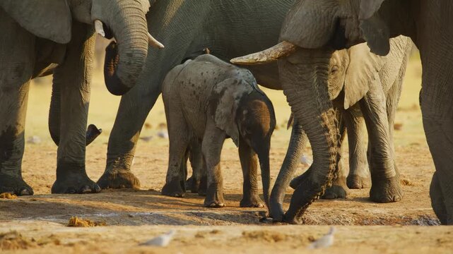 A herd of African Elephants (Loxodonta africana) drinking water from a small river in South Africa.