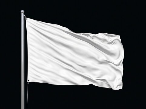 Blank white flag waving on silver pole against dark backdrop with sharp focus for branding and surrender marketing campaigns