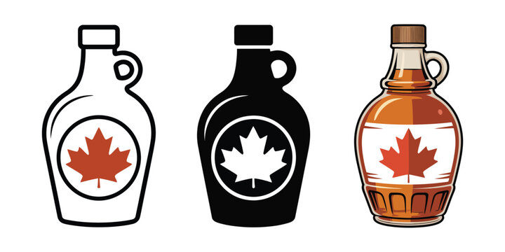 Canadian maple syrup bottle icon set with classic glass containers ring handles and maple syrup packaging designs