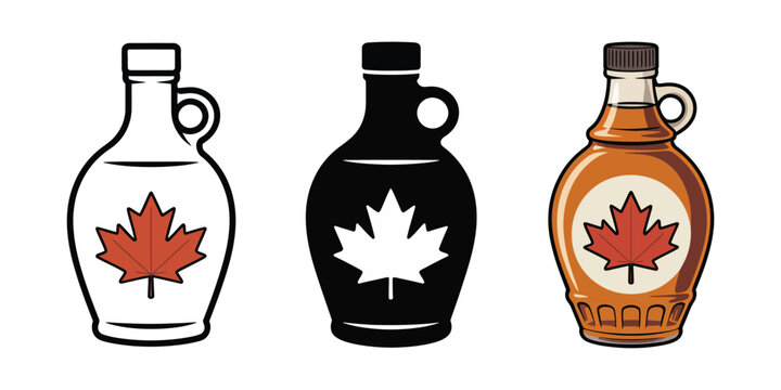 Canadian maple syrup bottle icon set with classic glass containers ring handles and maple syrup packaging designs